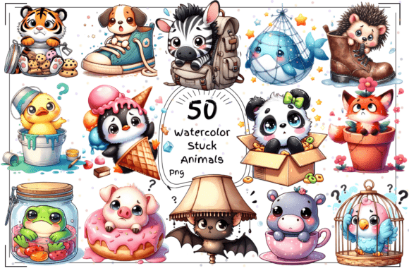 50 Watercolor Stuck Animals Clipart