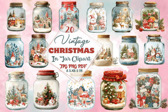 Vintage Christmas in Jar Clipart for Designers